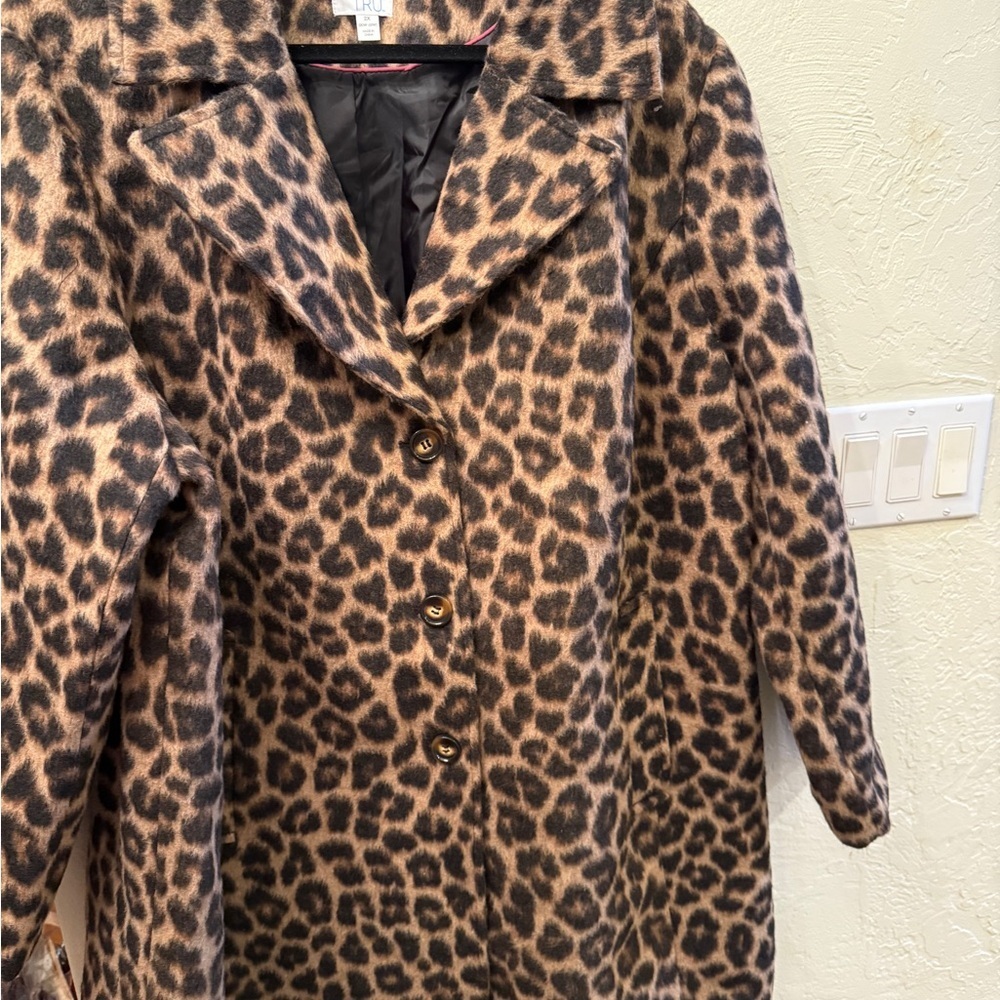 Leopard Print 3/4 Length Lined Women's 2X Coat Brown/Black Winter Jacket Peacoat